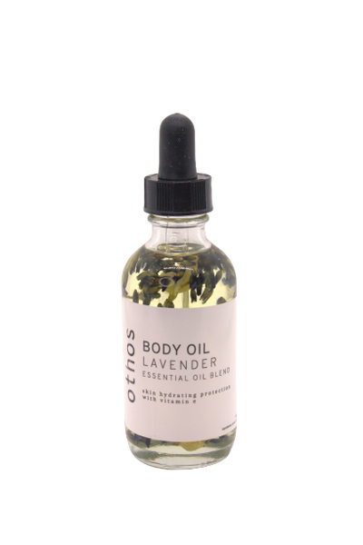 Single lavender body oil bottle.