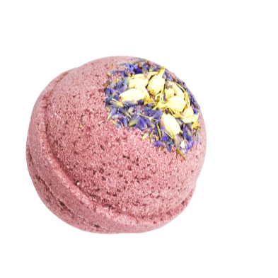 The lavender bath bomb, purple sphere decorated with jasmine and lavender dried botanicals.